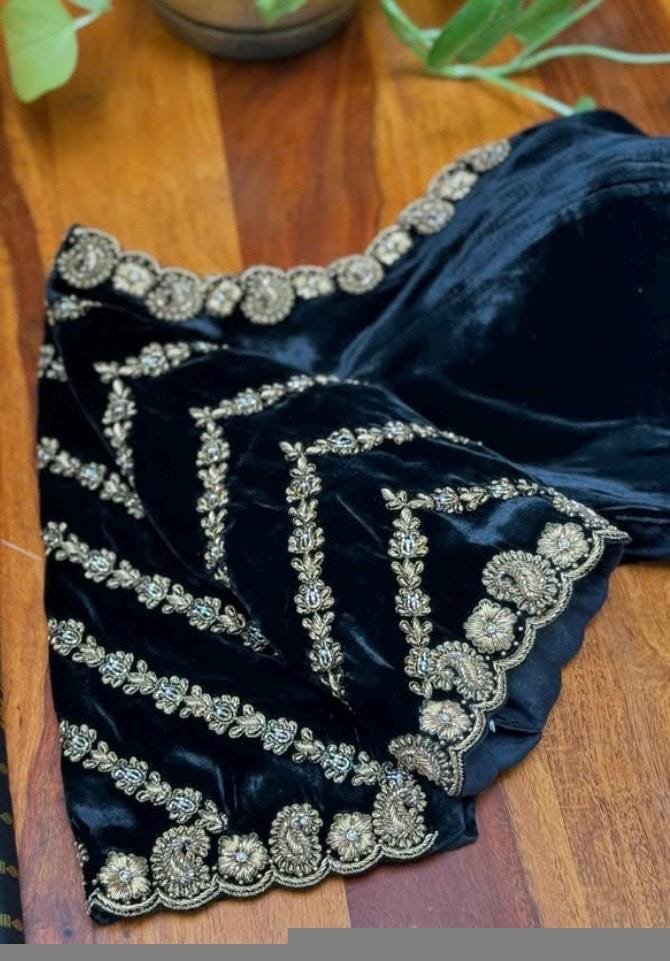 pure velvet hand embroidery blouse/U neck maggam blouse/black zardosi blouse/velvet hand embroidered blouse/black velvet ready made blouse