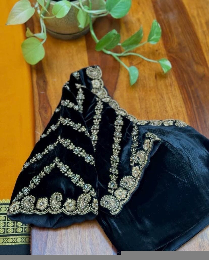 pure velvet hand embroidery blouse/U neck maggam blouse/black zardosi blouse/velvet hand embroidered blouse/black velvet ready made blouse
