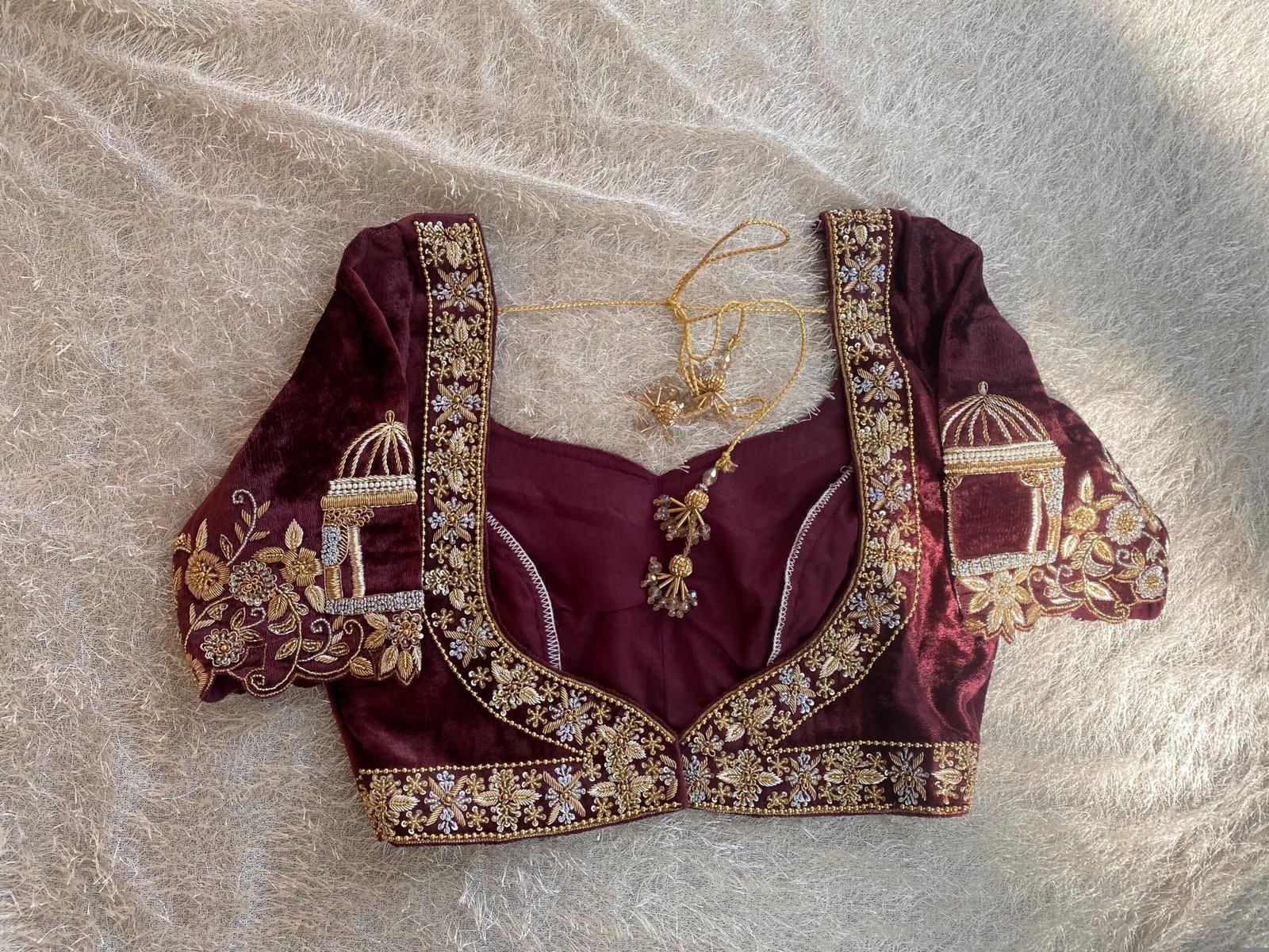 pure velvet hand embroidery blouse/neck maggam blouse/brown zardosi blouse/velvet hand embroidered blouse/burgundy velvet ready made blouse