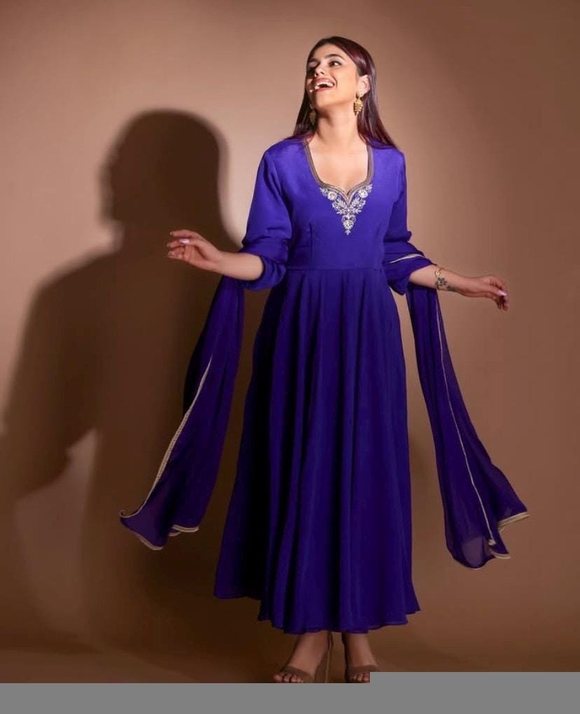 Hand embroidered Anarkali with dupatta/purple anarkali suit set/chinnon silk anarkali dupatta USA/Indian dresses/anarkali dress with dupatta