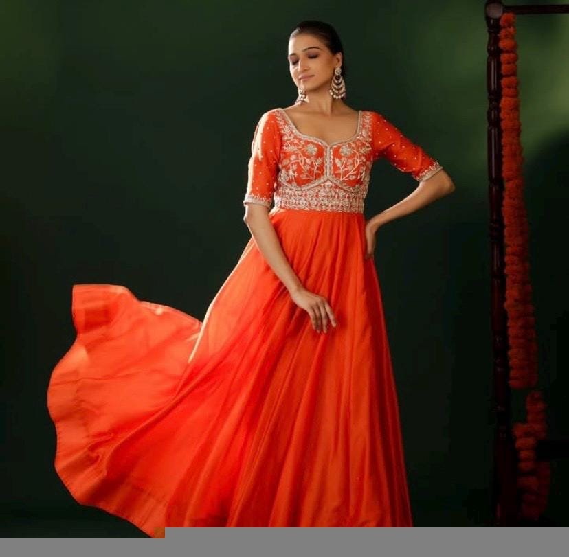 Orange Anarkali suit usa/anarkali red kurta full sleeve/orange elbow sleeve anarkali/orange dress anarkali/Indian dresses/orange anarkali