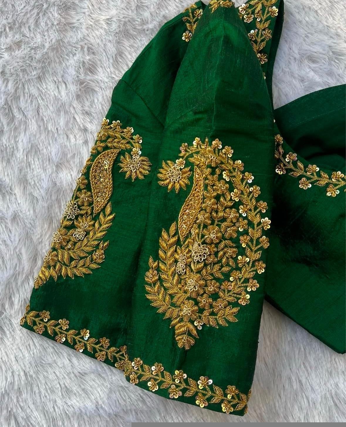 pure silk hand embroidery blouse/short sleeve maggam blouse/raw silk zardosi blouse/hand embroidered blouse/green ready made blouse zardosi