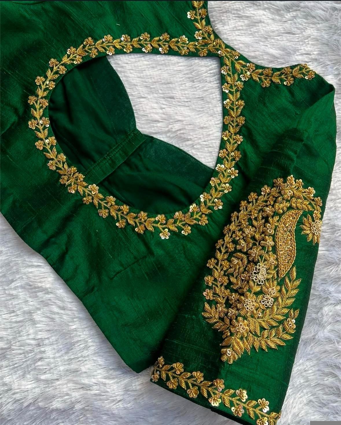 pure silk hand embroidery blouse/short sleeve maggam blouse/raw silk zardosi blouse/hand embroidered blouse/green ready made blouse zardosi