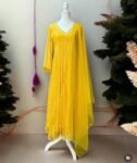 Hand embroidered Anarkali with pants/anarkali suit set/anarkali wit dupatta USA/lemon yellow kurta with dupatta/lemon yellow anarkali dress