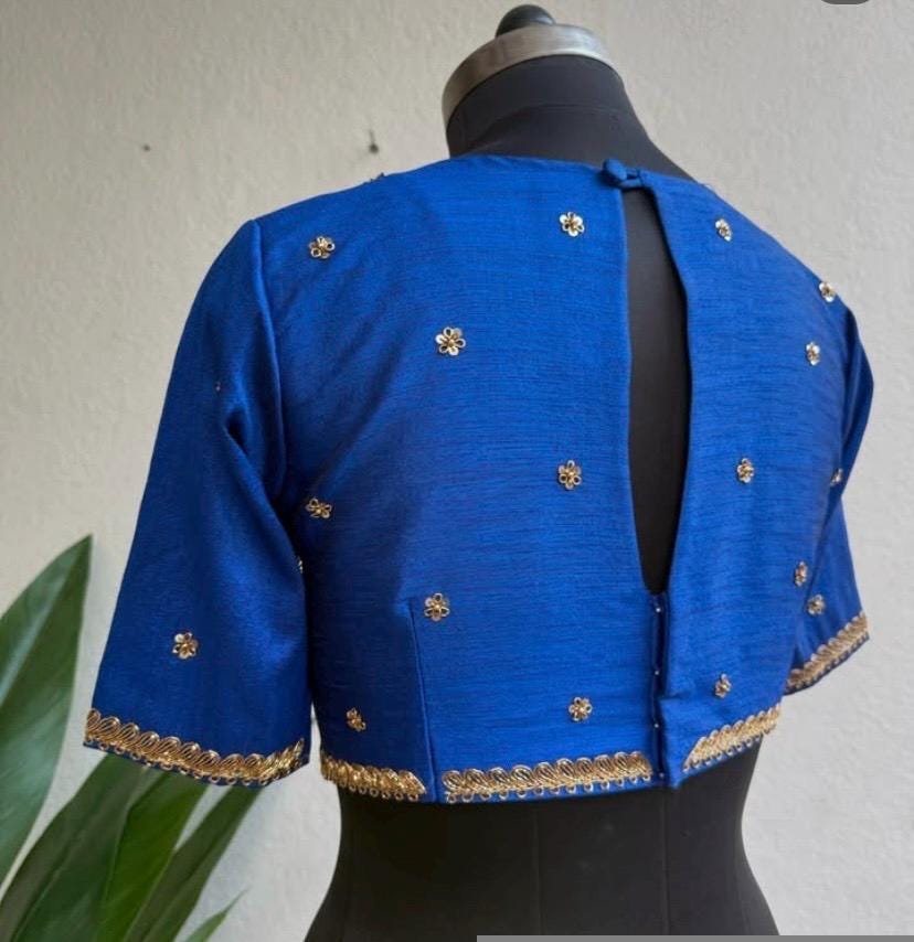 Navy blue silk hand embroidery blouse/blue saree maggam work blouse/blue saree blouse/hand embroidered blouse/blue ready made blouse zardosi