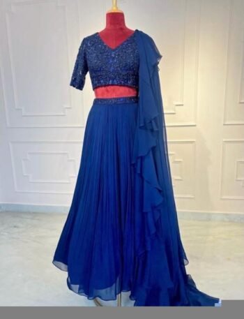 Women’s lehenga set/blue croptop lehenga/Indian crop top skirt hand embroidered wedding lehenga blue  silk skirt/royalblue lehenga