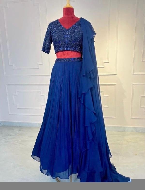Women’s lehenga set/blue croptop lehenga/Indian crop top skirt USA/hand embroidered wedding lehenga USA/blue silk skirt/royalblue lehenga