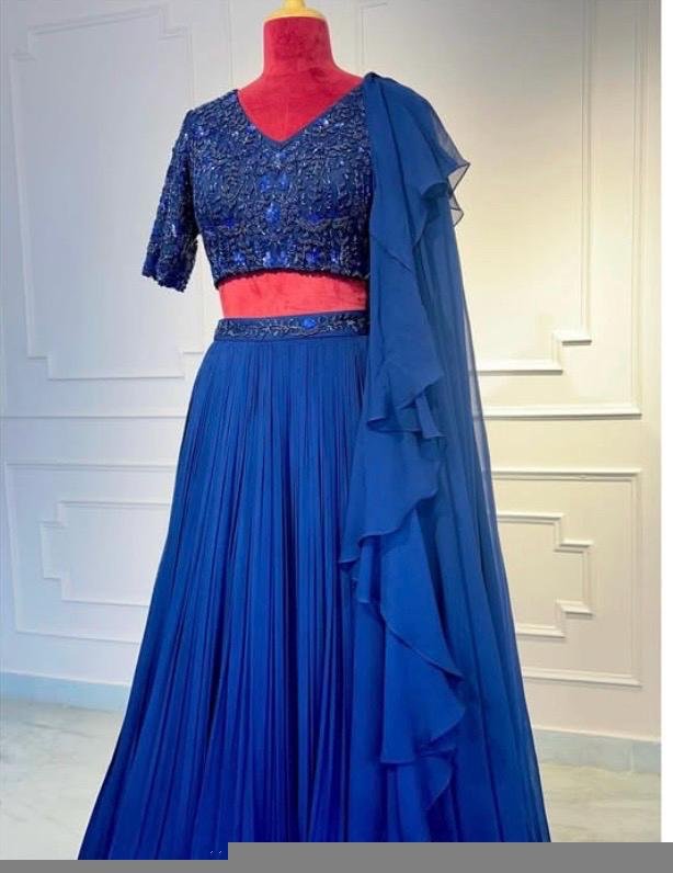 Women’s lehenga set/blue croptop lehenga/Indian crop top skirt USA/hand embroidered wedding lehenga USA/blue silk skirt/royalblue lehenga