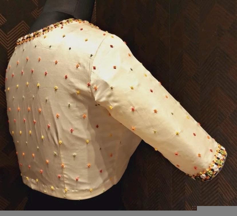 pure silk hand embroidery blouse/cream maggam blouse/pure raw silk zardosi blouse / hand embroidered blouse/cream designer ready made blouse