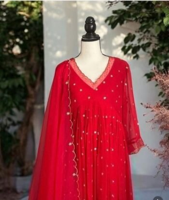 Hand embroidered Anarkali with pants/red anarkali suit set/red anarkali with organza dupatta red kurta with dupatta/red anarkali dress