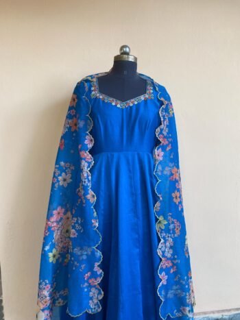 Anarkali with floral dupatta/blue anarkali suit set/anarkali dupatta USA/blue floral embroidery dupatta/ Indian dresses/blue floral anarkali