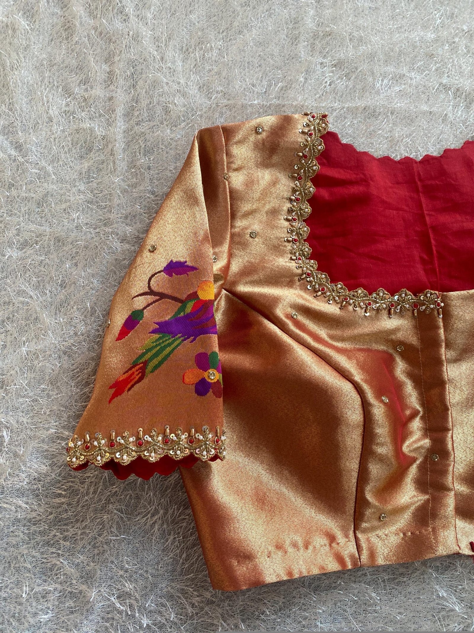 pure silk hand embroidery blouse/elbow sleeve maggam blouse/paithani zardosi blouse/hand embroidered blouse/red Paithani ready made blouse