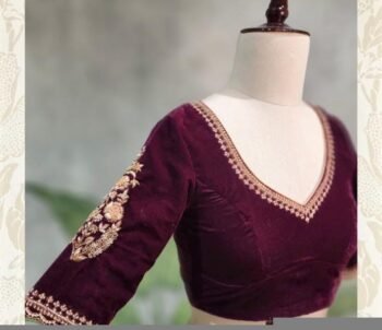 pure velvet hand embroidery blouse/v neck maggam blouse/red zardosi blouse/velvet hand embroidered blouse/burgundy velvet ready made blouse