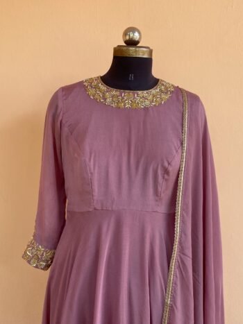 Hand embroidered Anarkali with dupatta/muave anarkali suit set/chinnon silk anarkali dupatta Indian dresses/anarkali dress with dupatta