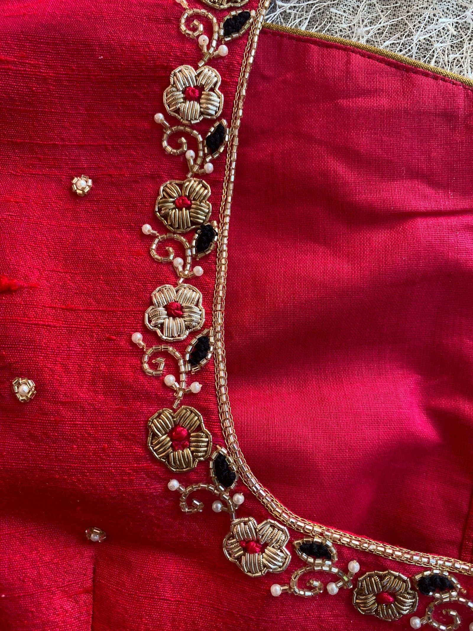 pure silk hand embroidery blouse/reddish pink maggam blouse /raw silk zardosi blouse/hand embroidered blouse /red ready made blouse zardosi