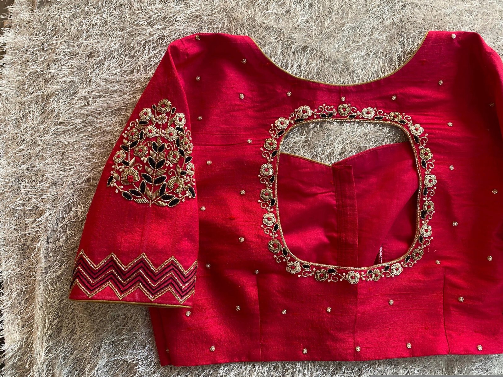 pure silk hand embroidery blouse/reddish pink maggam blouse /raw silk zardosi blouse/hand embroidered blouse /red ready made blouse zardosi