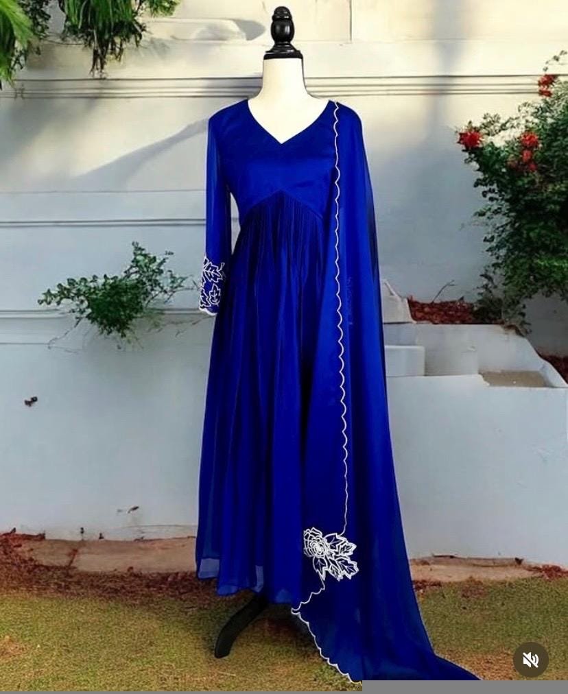 Hand embroidered Anarkali with scallop dupatta/royal blue anarkali suit/georgette anarkali dupatta USA/Indian dresses/anarkali dupatta set u