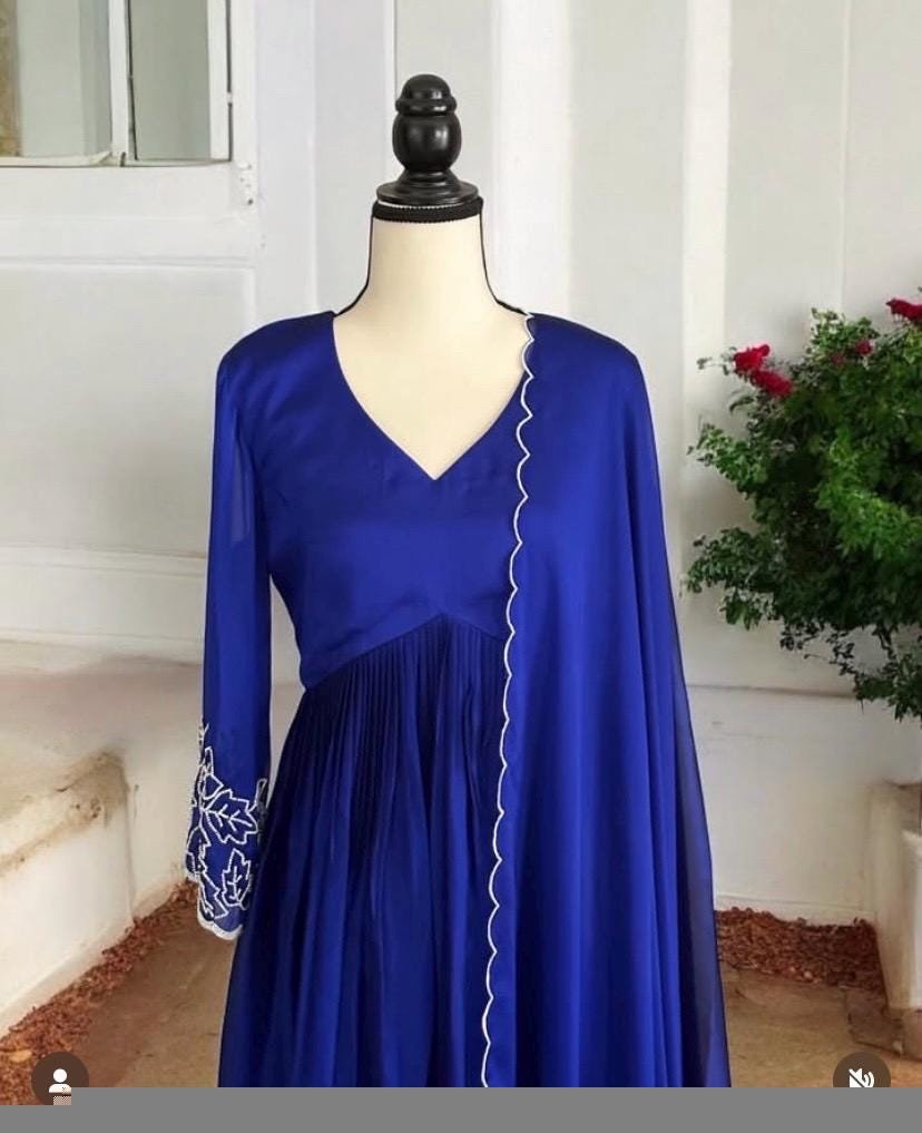 Hand embroidered Anarkali with scallop dupatta/royal blue anarkali suit/georgette anarkali dupatta USA/Indian dresses/anarkali dupatta set u
