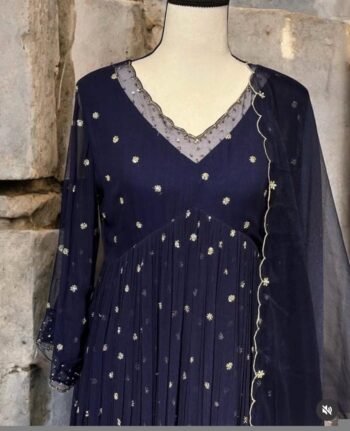 Hand embroidered Anarkali with pants/blue anarkali suit set/anarkali wit dupatta blue kurta with dupatta/blueanarkali dress with dupatta