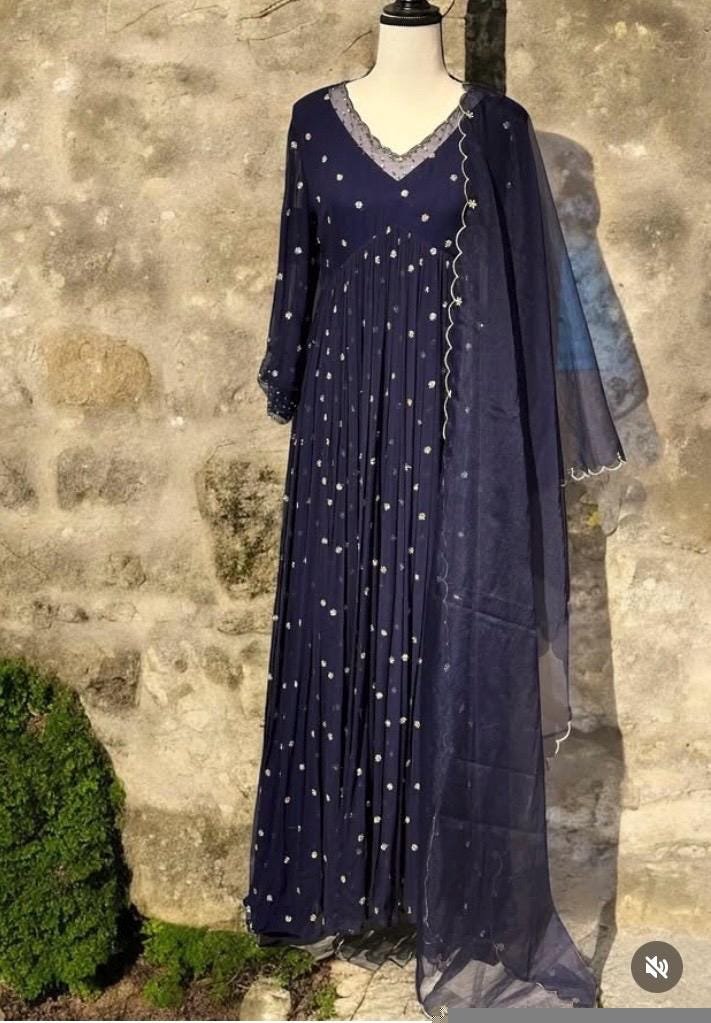 Hand embroidered Anarkali with pants/blue anarkali suit set/anarkali wit dupatta USA/blue kurta with dupatta/blueanarkali dress with dupatta