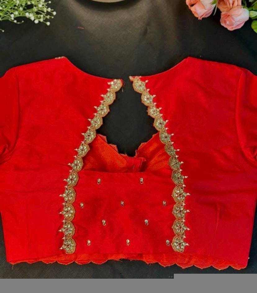 pure silk red hand embroidery blouse/saree maggam blouse/raw silk zardosi blouse/pure red hand embroidered blouse/ready made red blouse usa