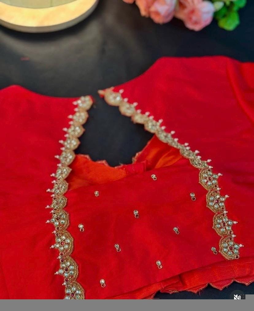 pure silk red hand embroidery blouse/saree maggam blouse/raw silk zardosi blouse/pure red hand embroidered blouse/ready made red blouse usa