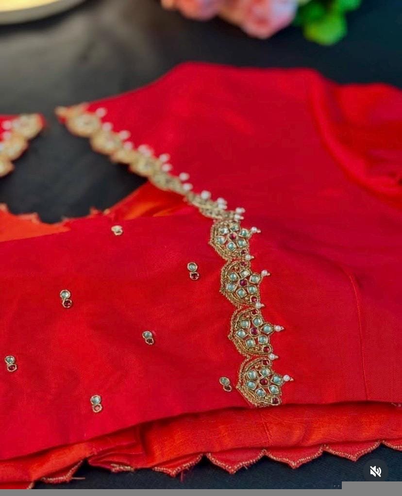pure silk red hand embroidery blouse/saree maggam blouse/raw silk zardosi blouse/pure red hand embroidered blouse/ready made red blouse usa