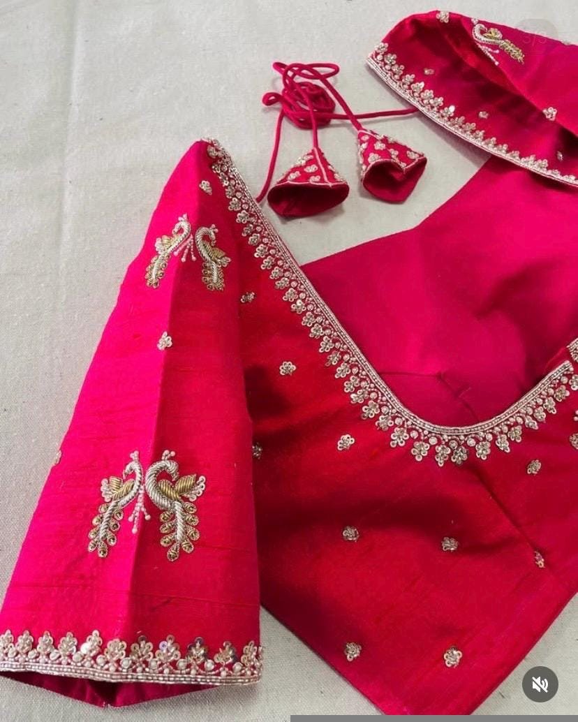 Pink pure silk hand embroidery blouse/readymade maggam blouse/pink saree blouse/ hand embroidered blouse /ready made handmade blouse zardosi