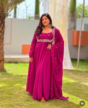 Hand embroidered Anarkali with dupatta/pink anarkali suit set/magenta pink anarkali dupatta Indian dresses/full sleeve anarkali dress