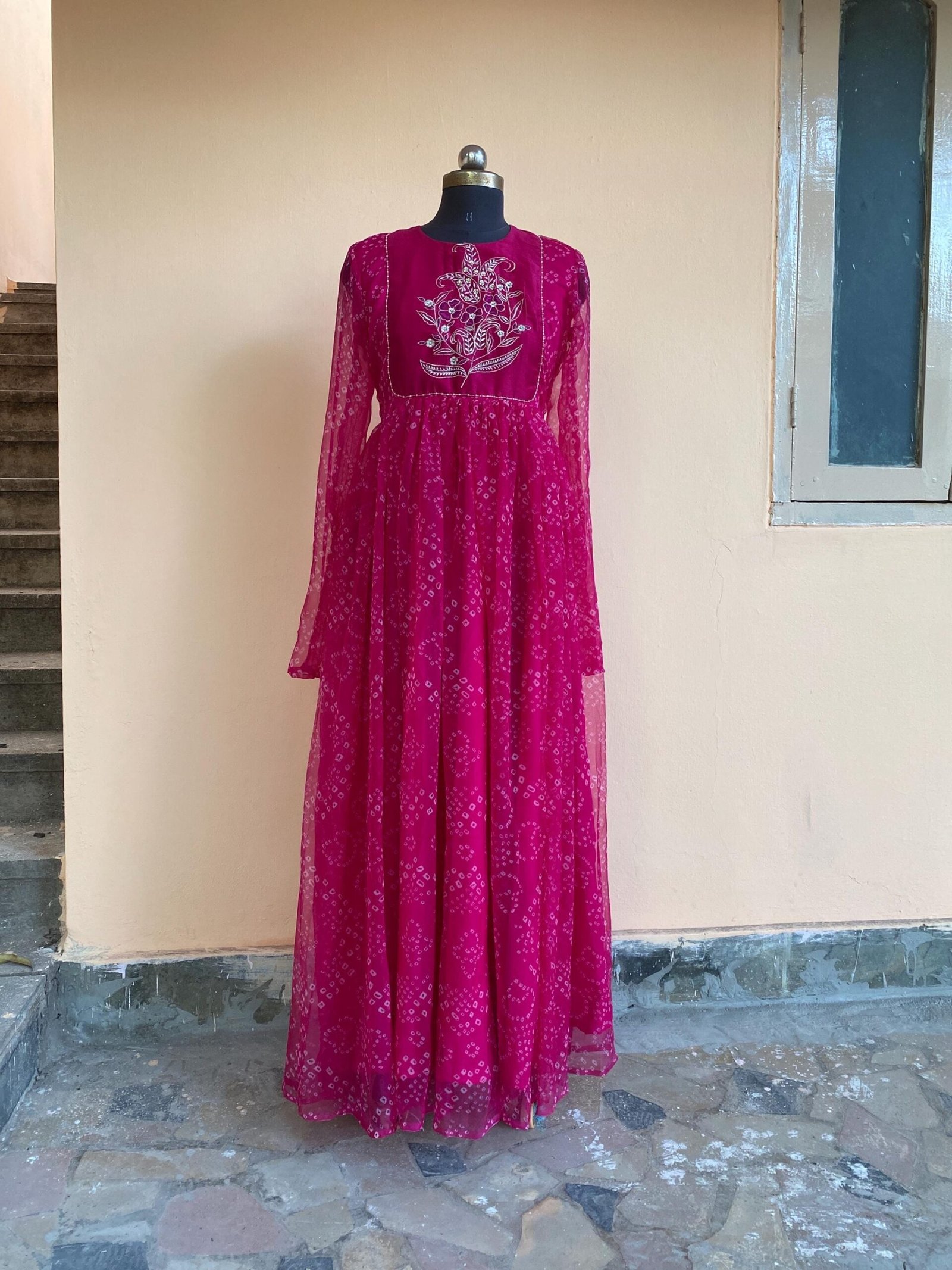 pink bandhani Anarkali/pink anarkali suit set/pure silk anarkali dress USA /designer Indian long gown/womens long gown/pink bandhani kurta