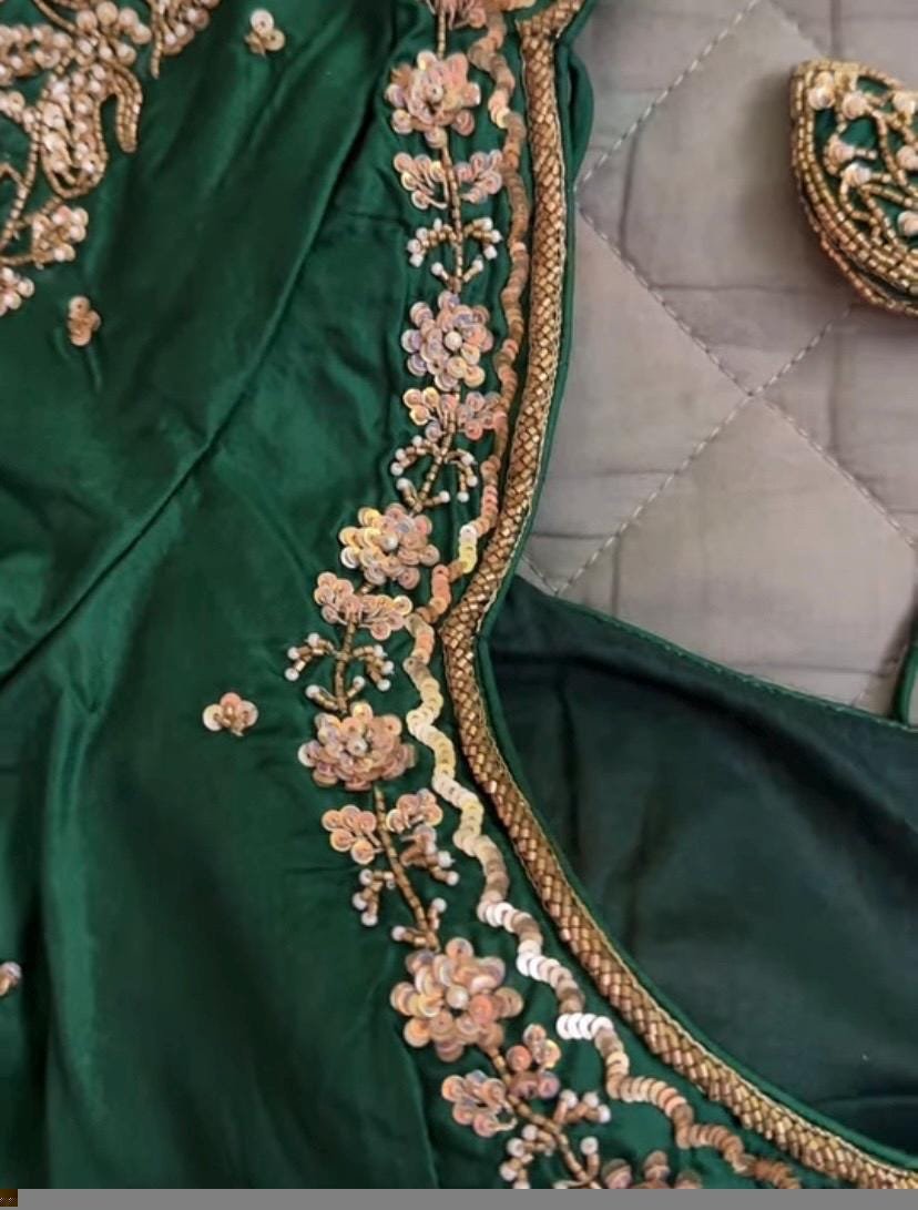 pure silk hand embroidery blouse/saree maggam blouse/green zardosi blouse usa/hand embroidered moderblouse/green ready made blouse zardosi