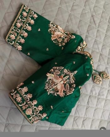 pure silk hand embroidery blouse/saree maggam blouse/green zardosi blouse hand embroidered moderblouse/green ready made blouse zardosi