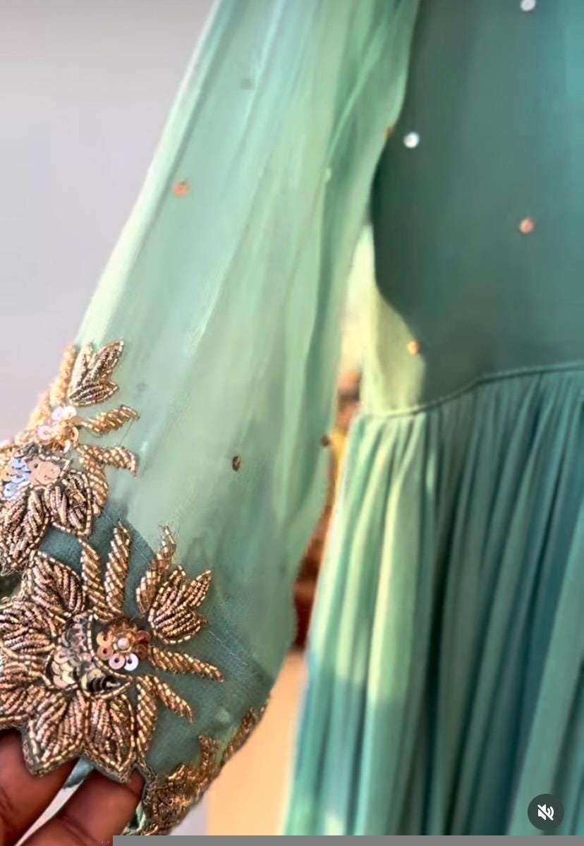 Hand Embroidered Anarkali Suit: Pista Green Georgette Indian Dress
