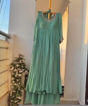 Hand Embroidered Anarkali Suit: Pista Green Georgette Indian Dress