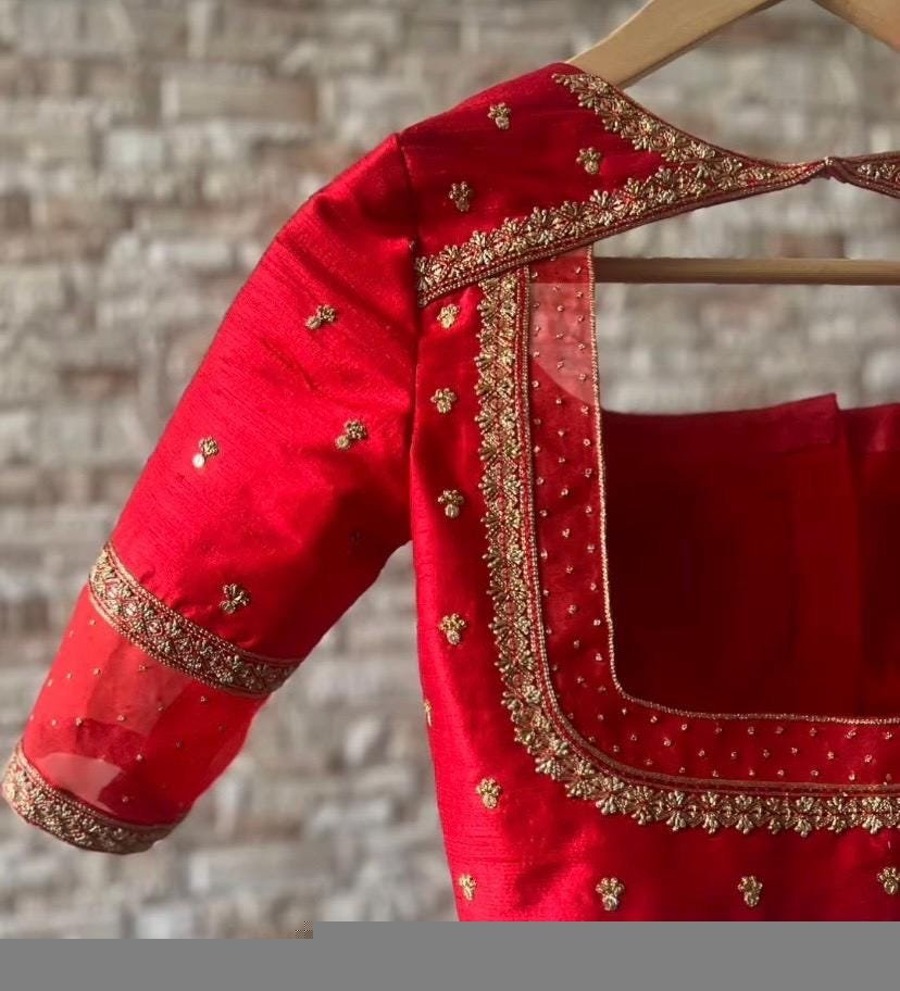 Hand Embroidered Red Silk Saree Blouse: Zardosi Maggam Work