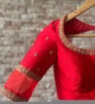 Hand Embroidered Red Silk Saree Blouse: Zardosi Maggam Work