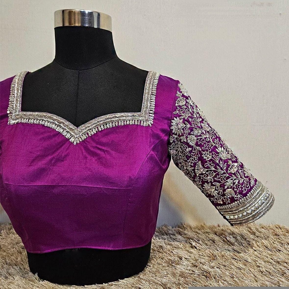 pure silk hand embroidery blouse/magenta pink maggam blouse/purple zardosi blouse/wedding hand embroidered blouse/bridal ready made blouse