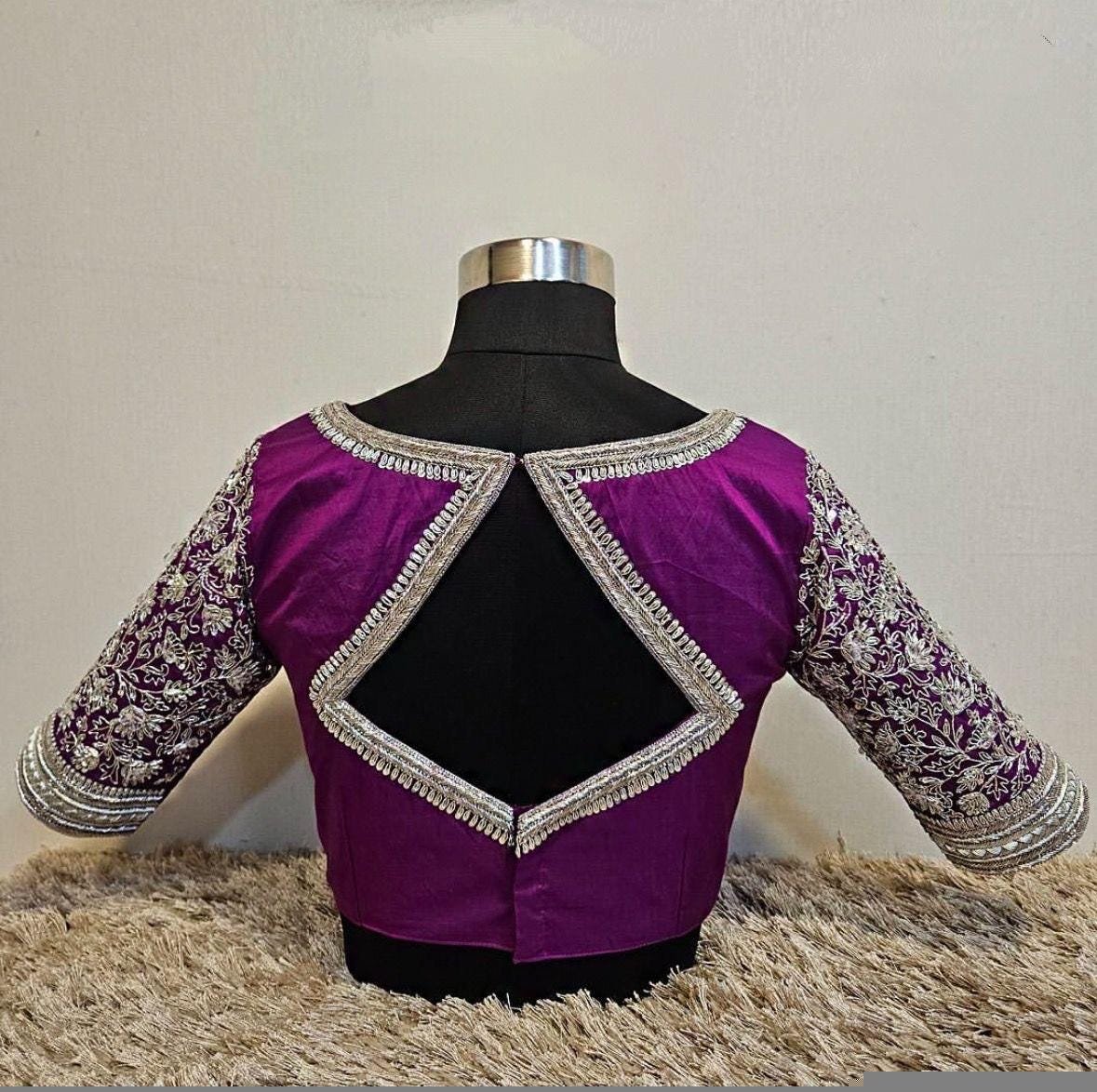 pure silk hand embroidery blouse/magenta pink maggam blouse/purple zardosi blouse/wedding hand embroidered blouse/bridal ready made blouse