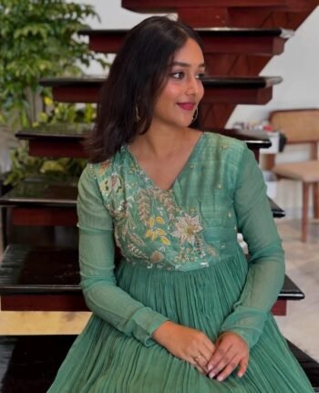 Designer Hand work Anarkali with dupatta/green anarkali suit set/pure silk anarkali dupatta /designer Indian long gown/womens long gown