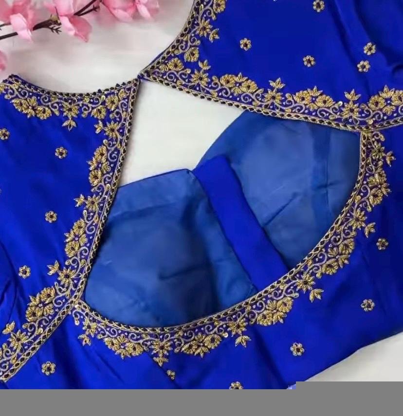 pure silk hand embroidery blouse/blue maggam blouse /raw silk zardosi blouse/blue hand embroidered blouse/designer readymade handwork blouse