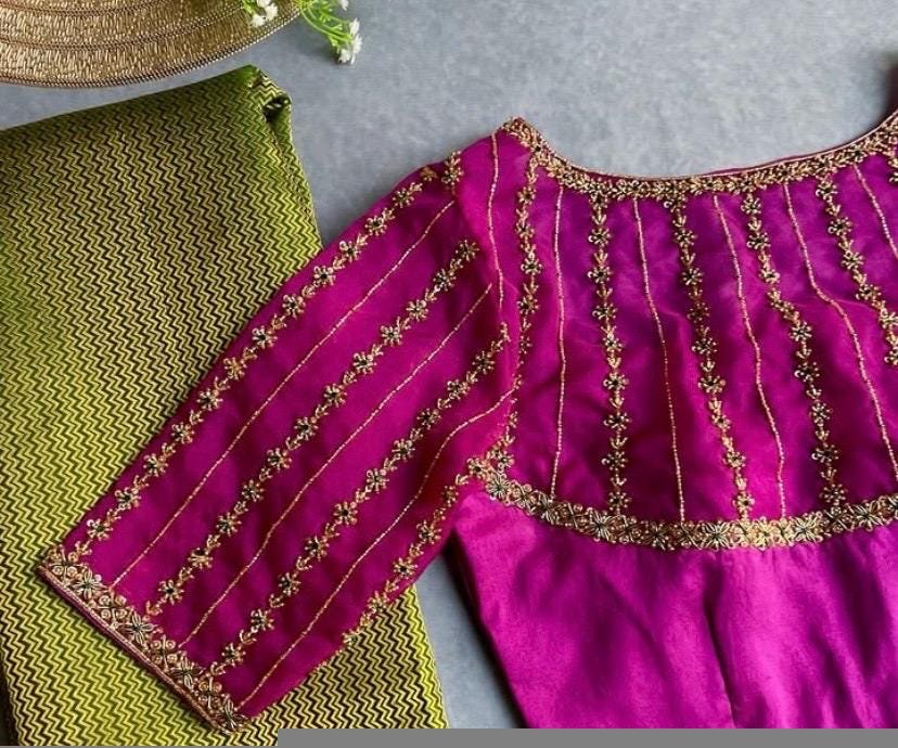 pure silk hand embroidery blouse/saree maggam blouse/purple zardosi blouse/hand embroidered blouse /magenta pink ready made blouse zardosi