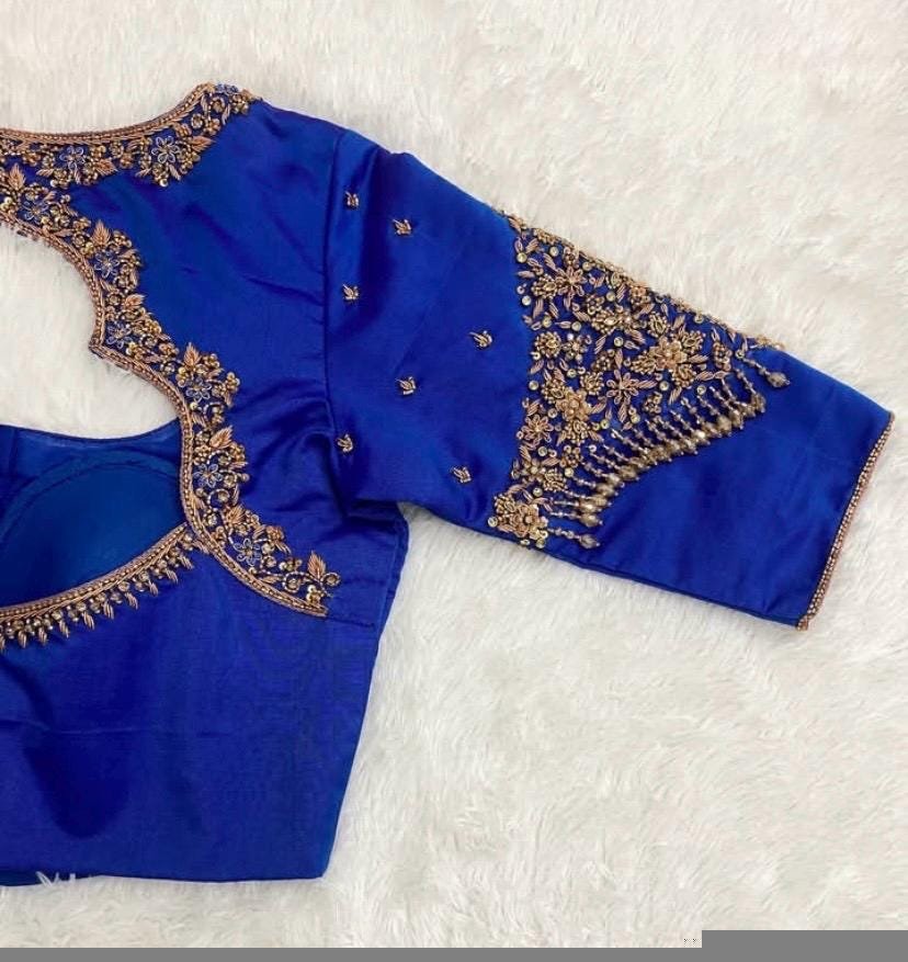 Blue Raw Silk Blouse: Hand Embroidered Zardosi Maggam Work