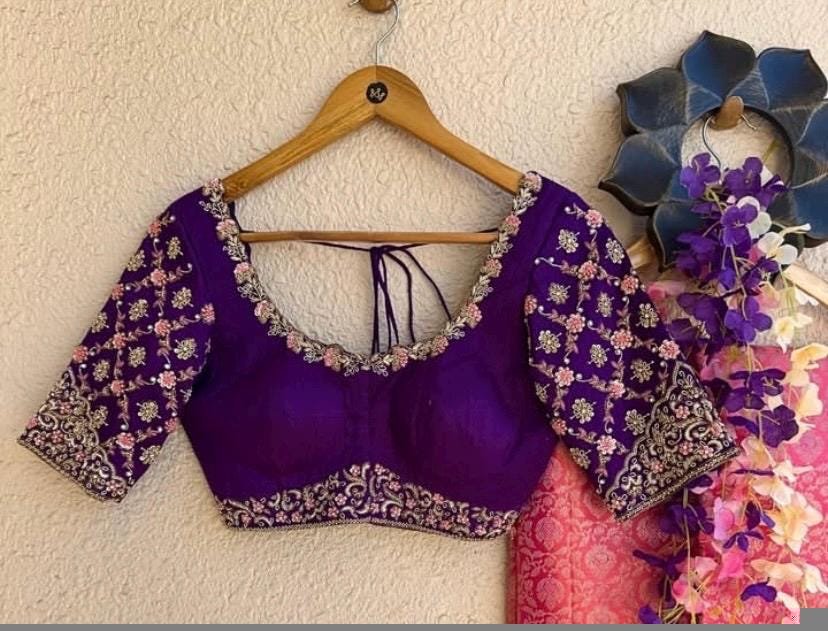 Purple Silk Saree Blouse: Hand Embroidered Zardosi Bridal Top