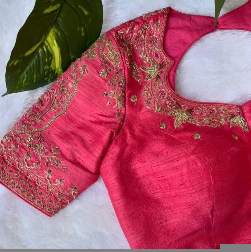 pure silk hand embroidery blouse/reddish pink maggam blouse /raw silk zardosi blouse/hand embroidered blouse /red ready made blouse zardosi