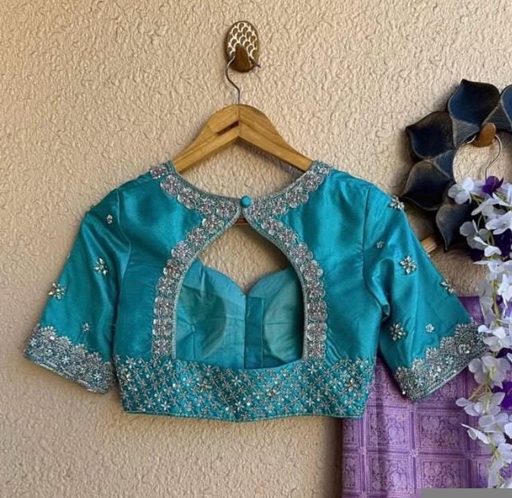 pure silk hand embroidery blouse/saree maggam blouse/blue zardosi blouse/turquoise blue embroidered blouse/blue ready made blouse zardosi