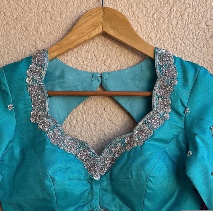 pure silk hand embroidery blouse/saree maggam blouse/blue zardosi blouse/turquoise blue embroidered blouse/blue ready made blouse zardosi