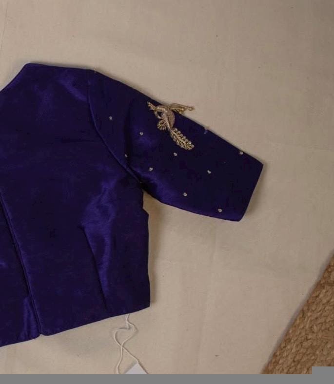 Navy Blue Silk Saree Blouse: Hand Embroidered Zardosi Crop Top