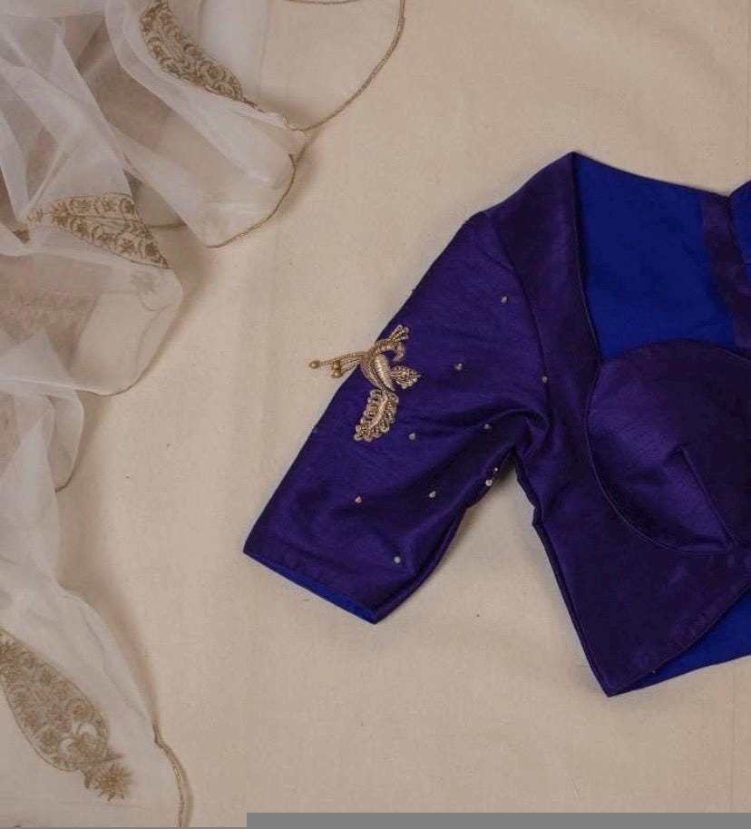 Navy Blue Silk Saree Blouse: Hand Embroidered Zardosi Crop Top