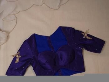 Navy Blue Silk Saree Blouse: Hand Embroidered Zardosi Crop Top