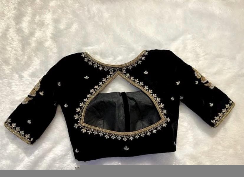 pure velvet hand embroidery blouse /modern saree maggam blouse/black zardosi blouse / hand embroidered blouse/black velvet ready made blouse